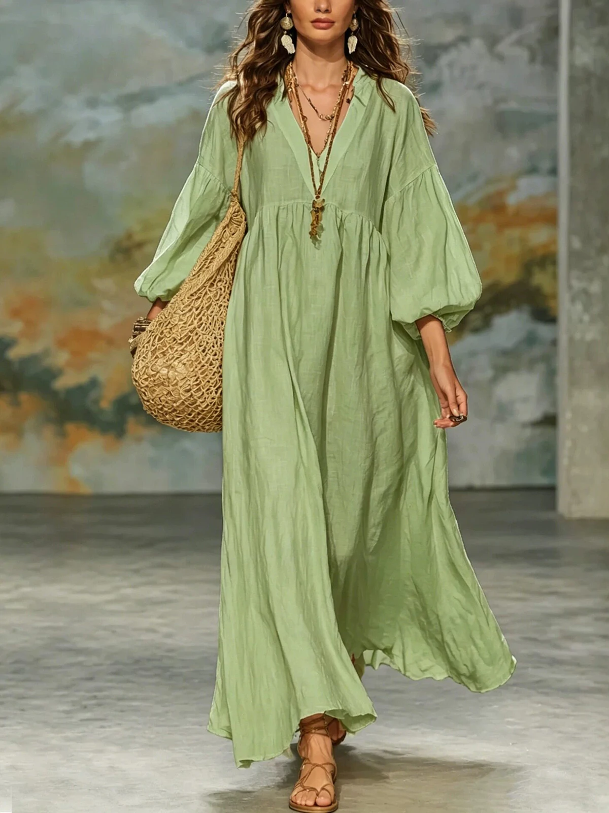 Damen-Kleid aus Kunstdenim und Mesh, Midi-Länge, mit Revers, transparenten langen Puffärmeln, schmaler Passform, asymmetrischer Rüsche und High-Low-Saum, Streetwear-Partykleid – Detail 6