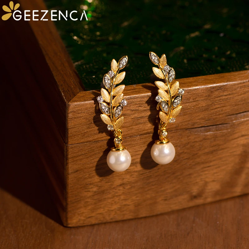 GEEZENCA 925 Sterling Silver Pearl 5A Zircon Wheat Chic Earrings For Women 18K Gold Italian Craft Luxury Earring 2024 New Gift