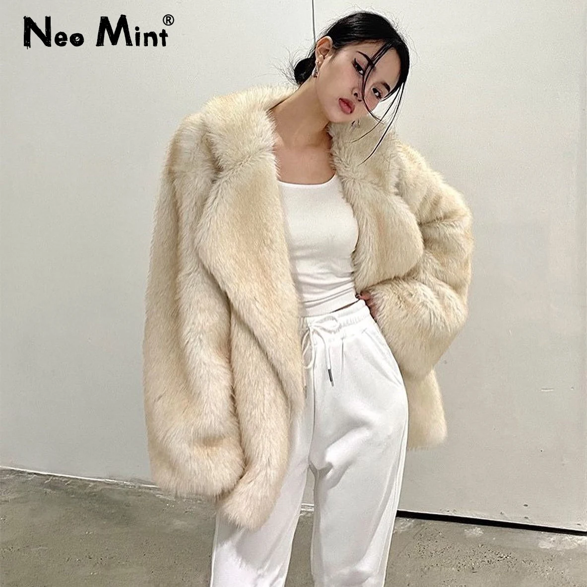 Neo Mintแบรนด์หรูผู้หญิงFaux Fur Coatสัตว์Gradientสี2024ฤดูหนาวหลวมOversizeยาวFluffy Overcoat Jacket