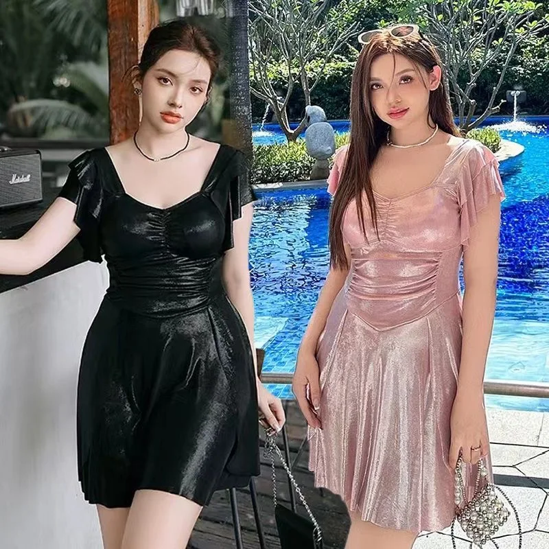 

XL-3XL Купальник большого размера Блестящий однотонный розовый черный праздничный купальник для горячих источников с накладкой на грудь (Пляжное платье и комплект шорт для плавания)