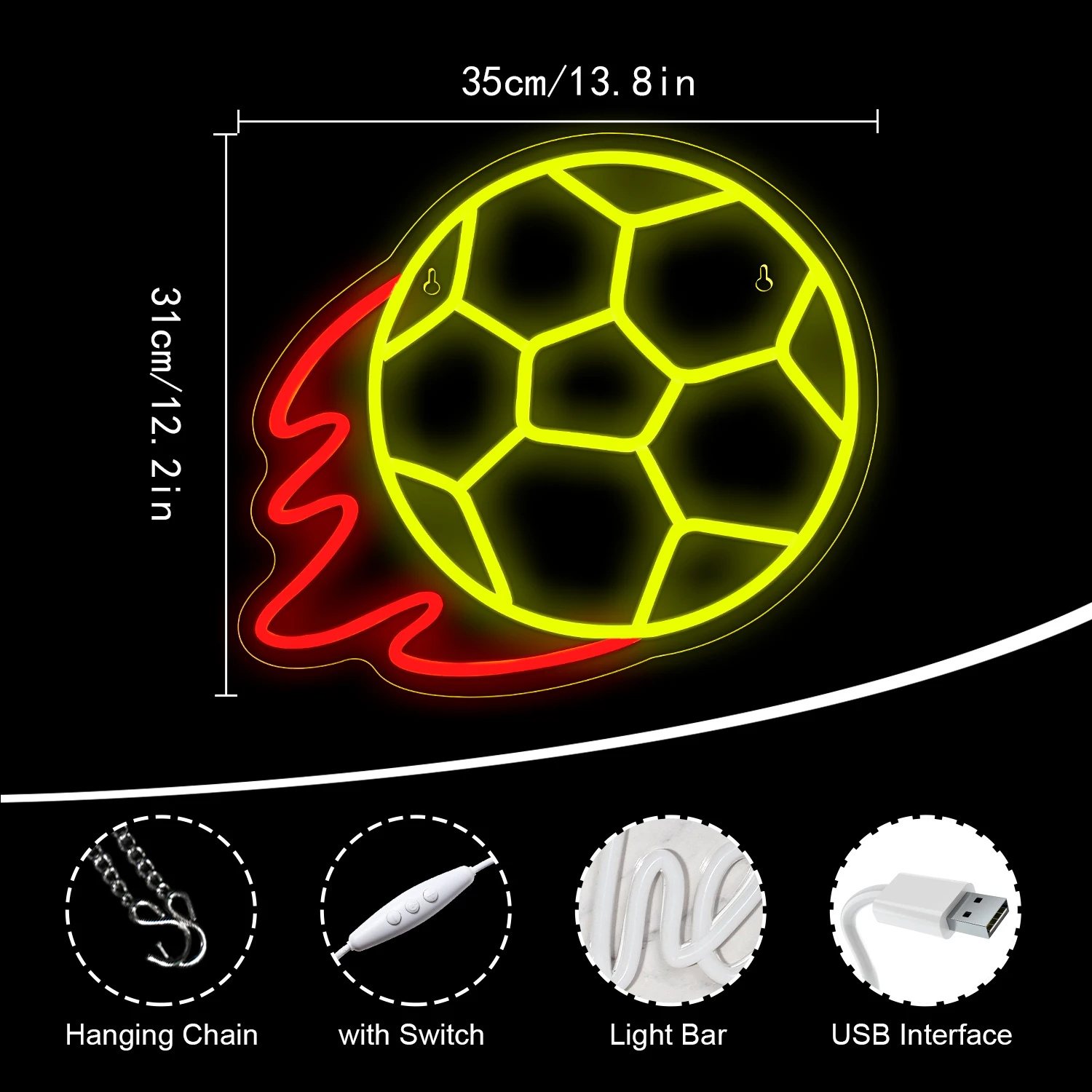 Dimmable Soccer Neon Sign Soccer Fire Neon Football LED Sign Bedroom Man Cave Bar Party Soccer Club Decor Gifts for Soccer Lover