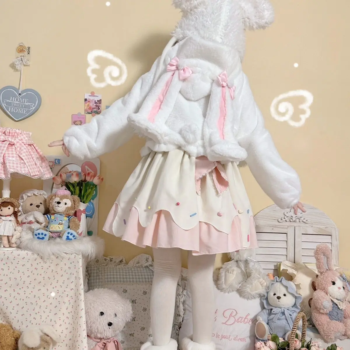 Coalfell Original Orejas de conejo dulce lazo rosa Lolita abrigo corto de felpa lindo JK estudiante Otoño/Invierno Lolita