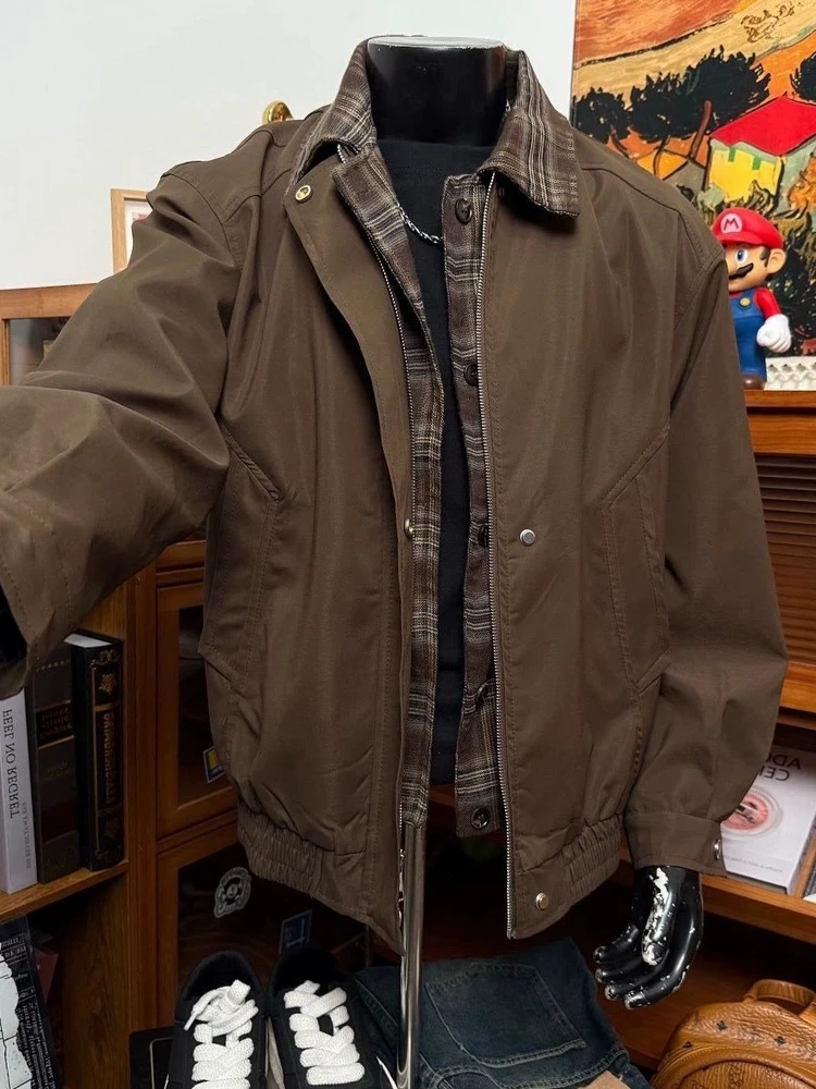 

Американская ретро-куртка Maturi Sle в клетку с кожаным воротником, женская, осенне-зимняя, свободного кроя, универсальная, Haome, короткая верхняя одежда