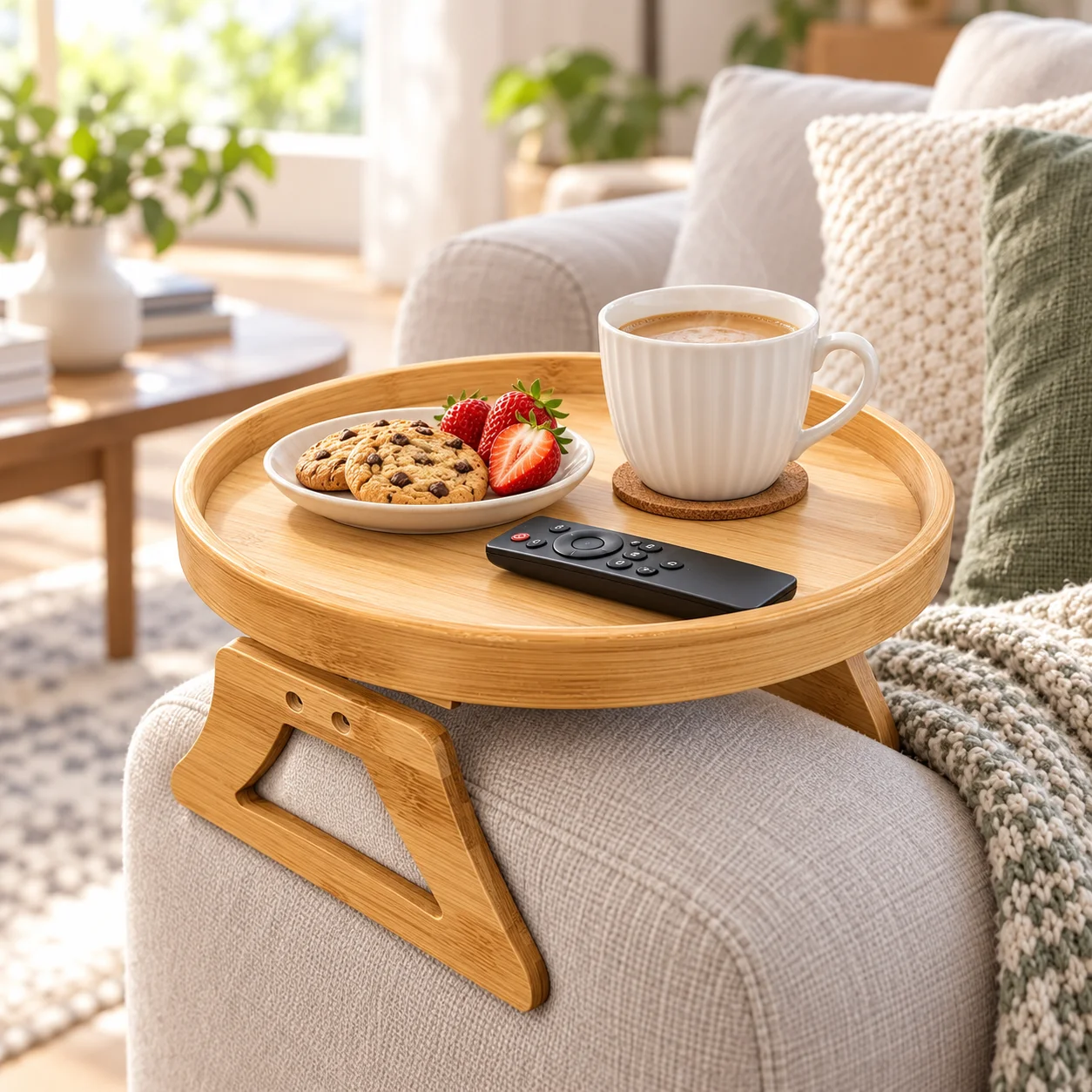 Natural Wooden Sofa Tray Couch Arm Desk Clip on Foldable Sofa Tray Table Practical TV Snack Tray for Remote Control Coffee Snack