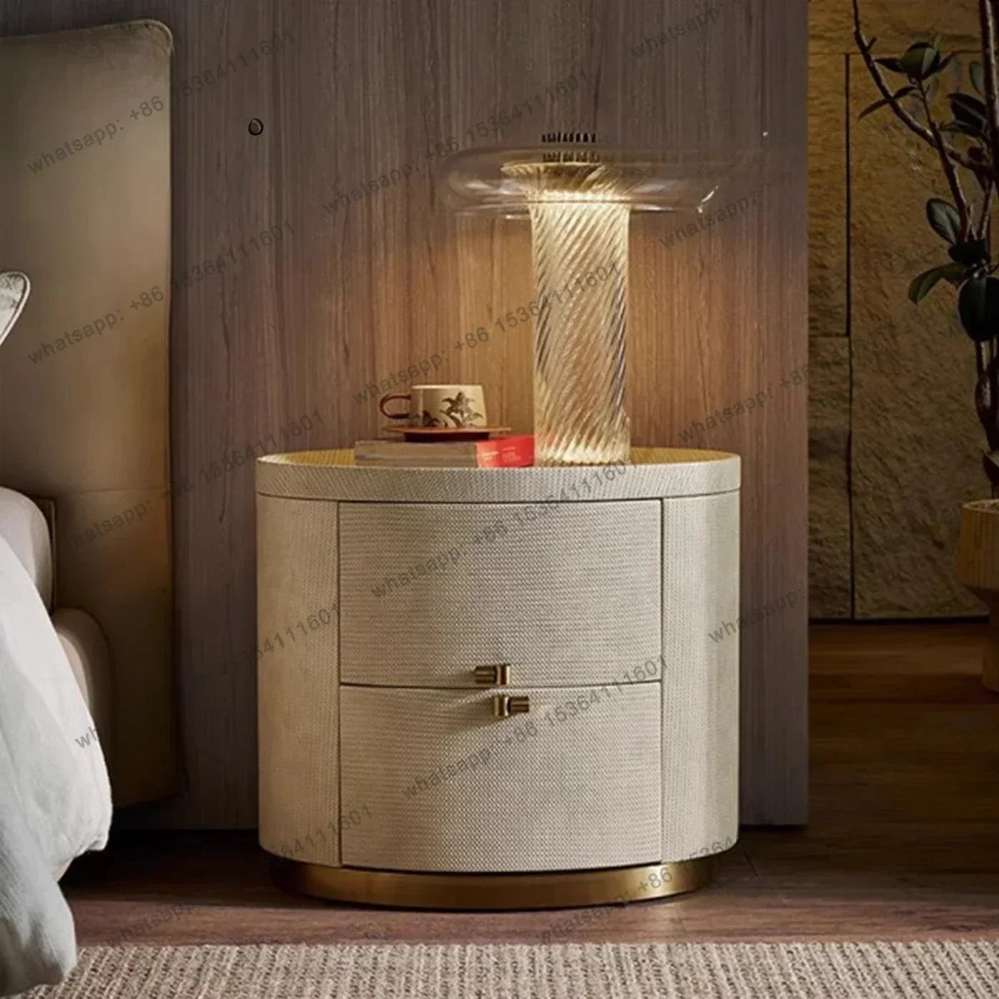 LXItalian Bedside Table Oval High-end Leather Art Designer Simple American Minimalist Bedroom Storage Bedside CabinetSSS