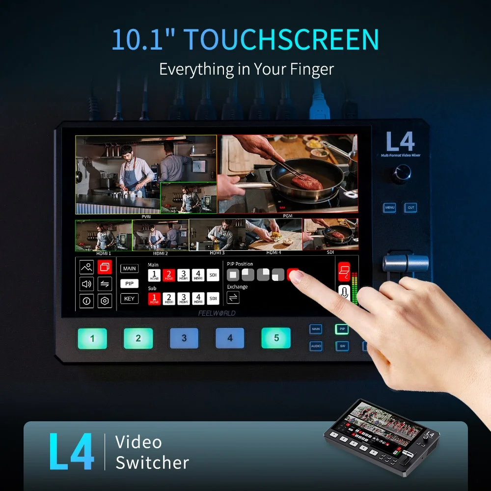 L4 Multi-Camera Video Mixer Switcher, 10.1 "Touch Screen, USB 3.0, Streaming rápido