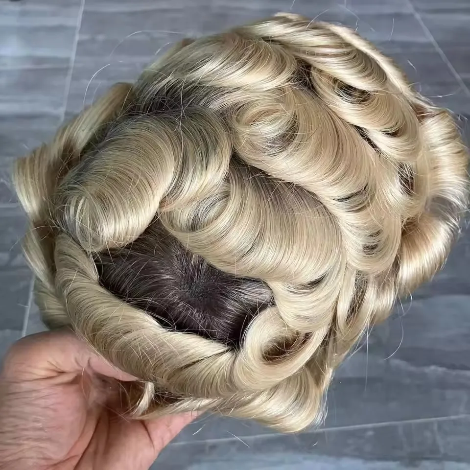 30mm Wellig/Glatte Super Natürliche Haarlinie 4T613 # Ombre Blonde Unentdeckbare 0,06mm Dünne Haut V-Loop Herren-Toupet Echthaar-Perücken – Detail 4