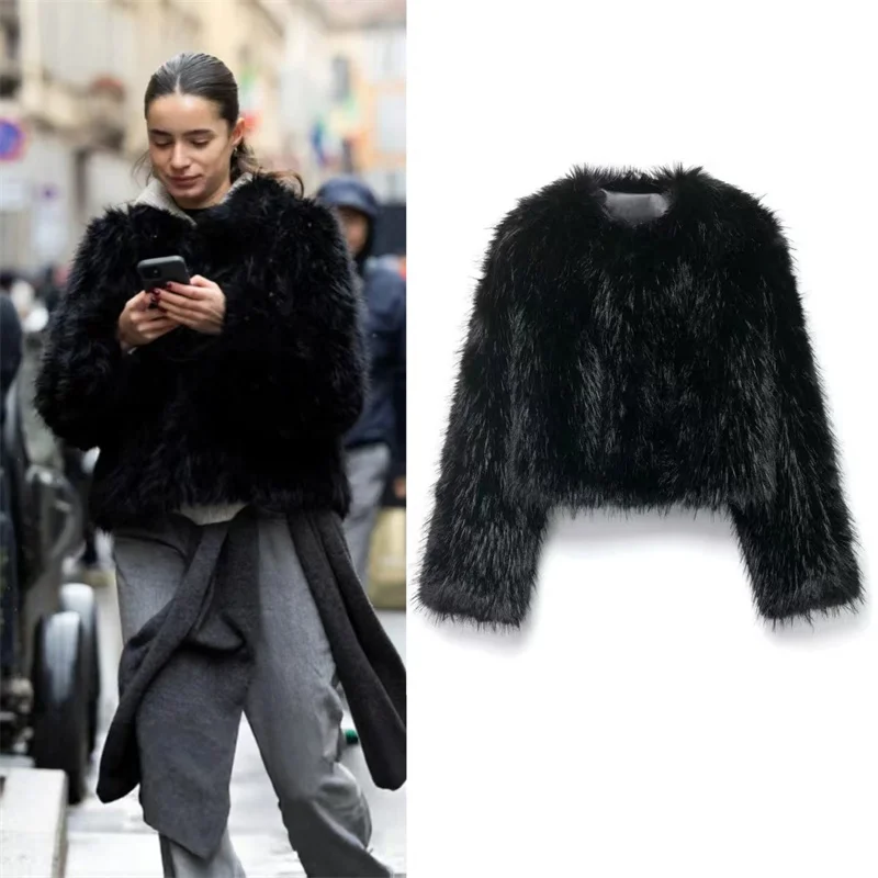 سترة نسائية ذات تأثير من الفرو الصناعي قصيرة الأكمام بلون سادة وسحاب سترة دافئة وغير رسمية للخريف والشتاء