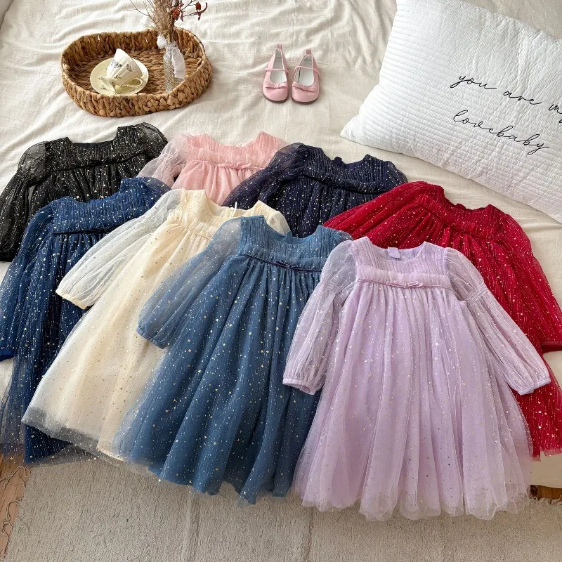 

New Children's Girls Fairy Dress Long Sleeve Birthday Cake Mesh Tutu Dress Stripe Stars Princess Dress 1-12T
