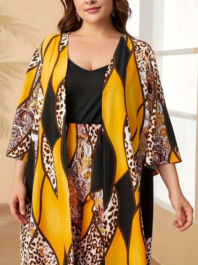 GIBSIE Plus Size stampa leopardo aperto davanti lungo Kimono Cardigan estate autunno sciolto due pezzi Set pantaloni Casual donna