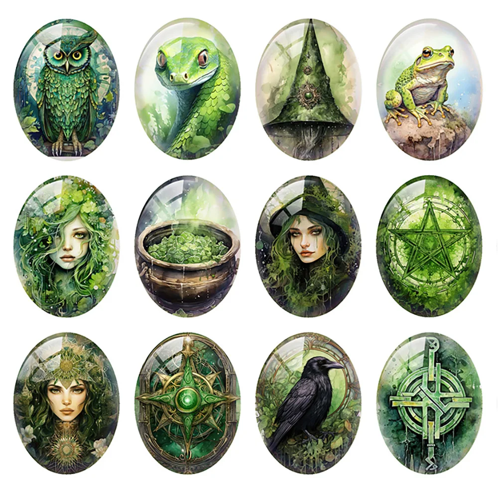 

10pcs/lot Halloween Green Witch Wizard Owls Crow Cauldron Oval Photo Glass Cabochon Flatback Demo Cameo Diy Jewelry Making
