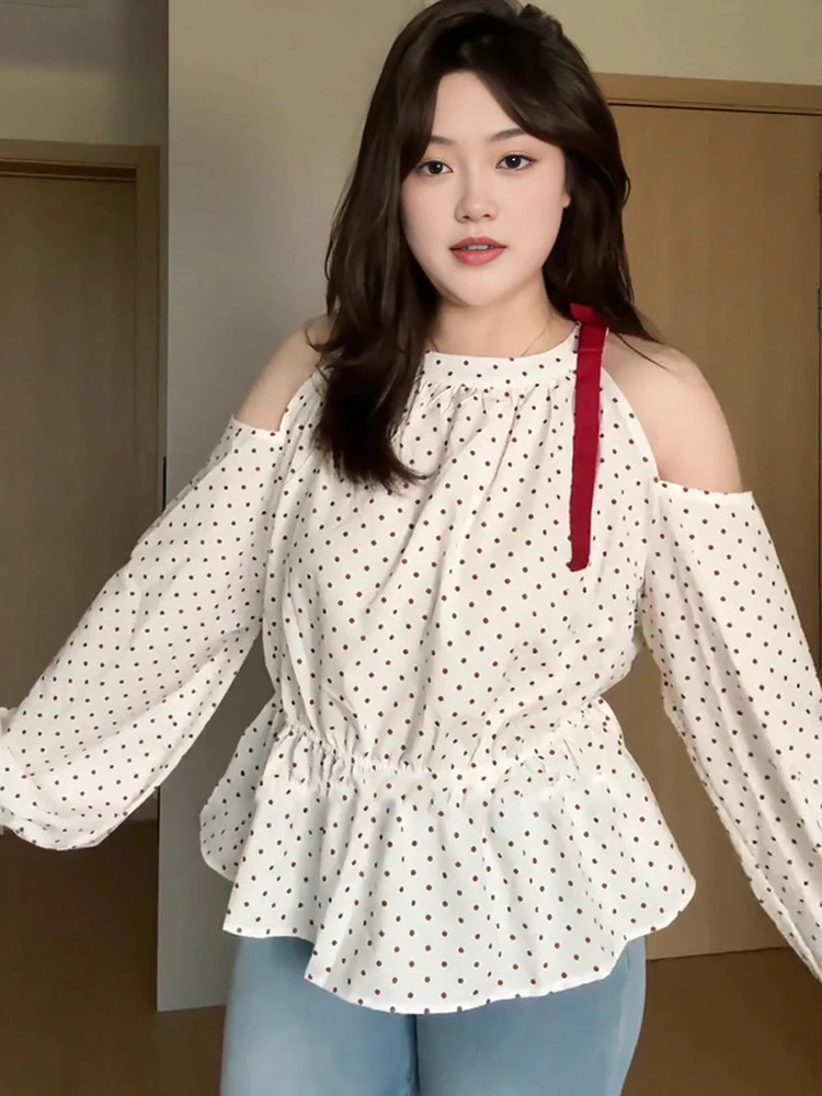 

plus Size Polka Dot Shoulder Bared Knot Women's Shirt Spring New Style Slimming Waist Cinching Top Korean Style