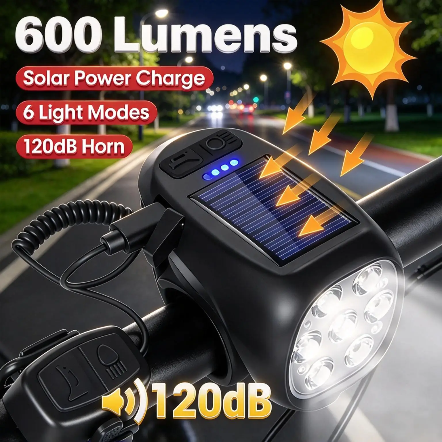 Solar Powered Bike Light with Horn USB Rechargeable Super Bright LED Front Headlight MTB Road Bicycle Flashlight Cycling Gear