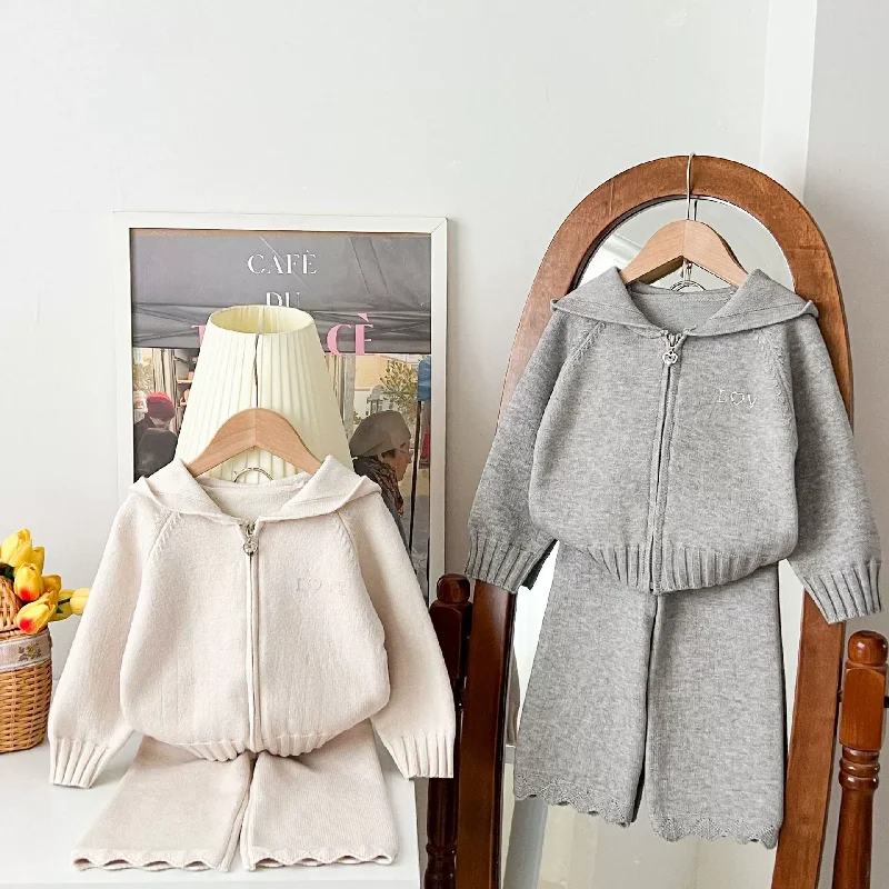 Girls Knit Cardigan Sets Winter Autumn Children Warm Sweater Clothing Suit Kids Solis Knitwear+Trousers 2 Pcs Outfits 2-6 Years