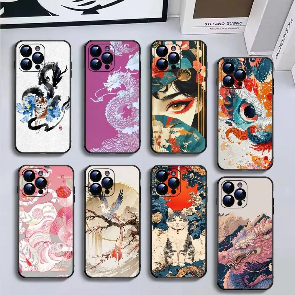 حافظة هاتف فنية صينية لهاتف iPhone16,15,14,13,12,11 Plus,Pro Max,XS,X,XR,SE,Mini,8,7,Soft Black Cover