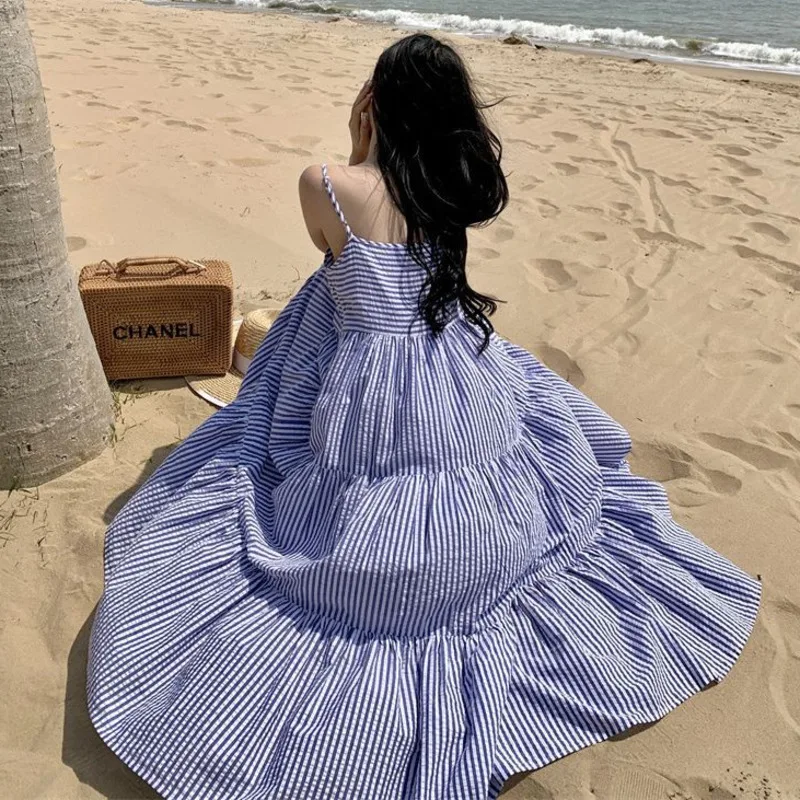 HKSH Sommer Neue frauen Flut Trendy Urlaub Stil High Street Süße Casual Mode Vielseitig Gestreiften Plissee Strap Kleid HK6367