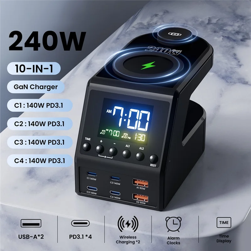 BNVN-240W محطة شاحن غان مع ساعة تنبيه عرض الوقت 4X140w PD3.1 USB نوع C شاحن لاسلكي سريع لباد