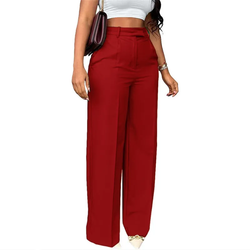 Wedifor-pantalones rectos elegantes de cintura alta para mujer, pantalón informal de Color sólido, sencillo, para trabajo de oficina, nueva moda