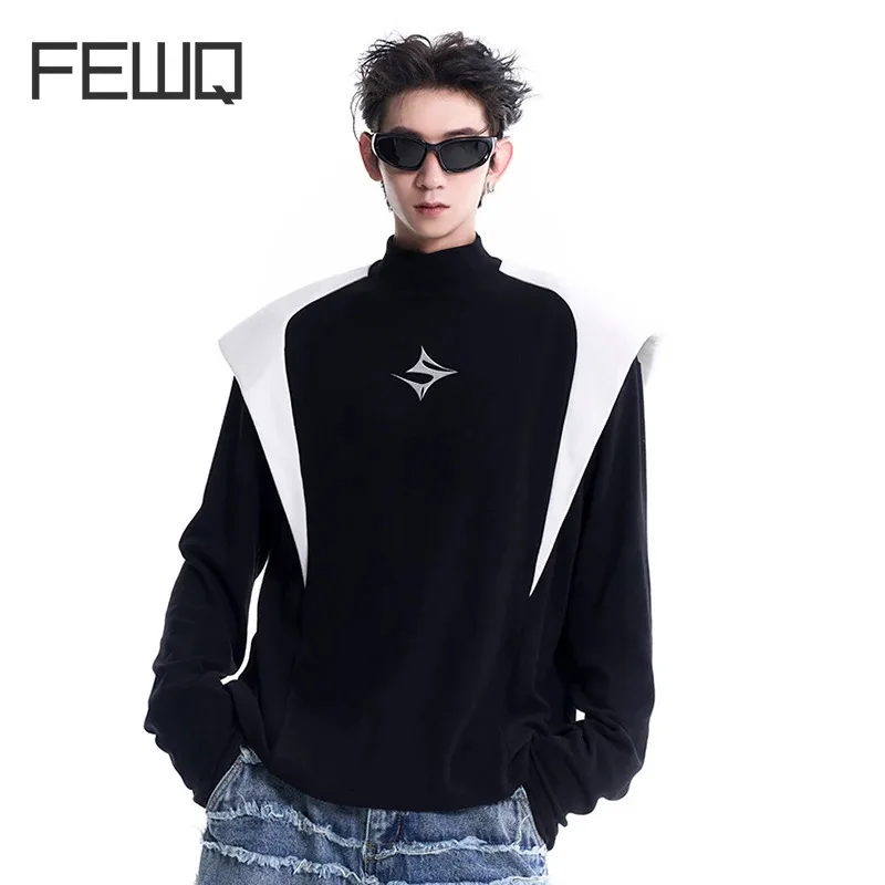 

FEWQ Niche Design Splicing Half High Neck Base Men's Tshirt Autumn Winter 2024 Contrast Color Long Sleeve Male Tops 24E2143