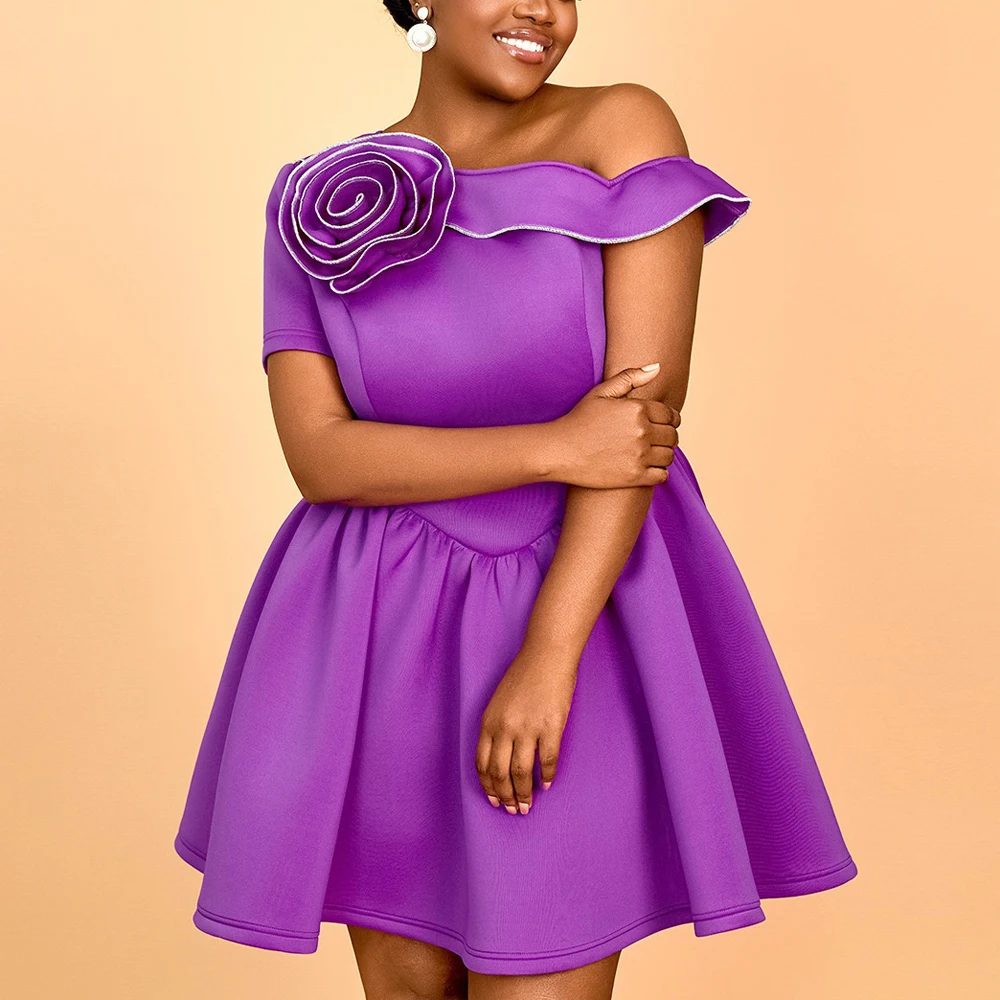 

Luxury Purple Dresses for Women One Shoulder Floral Decorate High Waisted Pleated Mini Length High Quality Birthday Wedding Robe