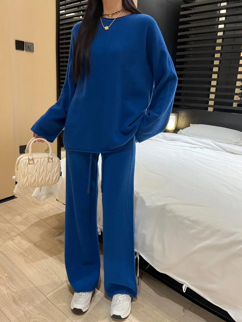 2024 Autumn/Winter New Women's Sweater Fashion Exquisite Loose Wool Set Round Neck Loose Knitted Sweater+Straight Leg Pants