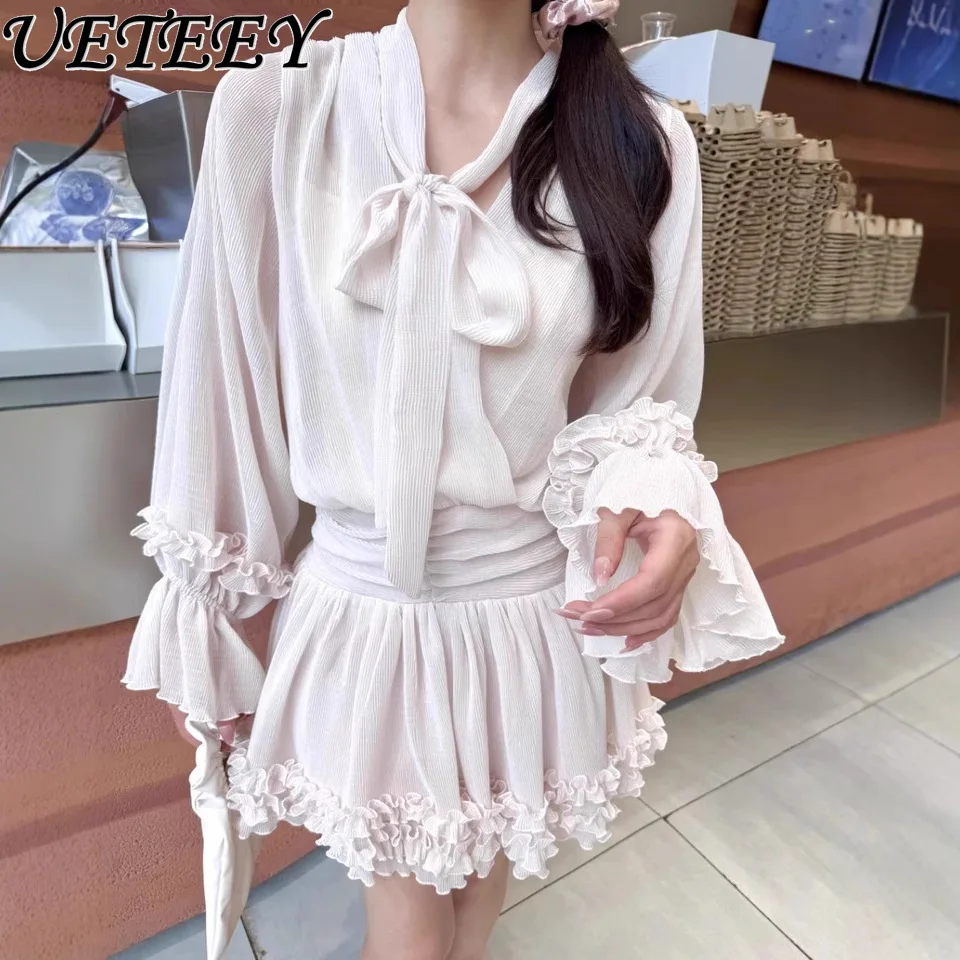 ฤดูใบไม้ผลิฤดูร้อนสีทึบ Ruffled แขนยาว V คอ Bow Tie สามมิติไม้หู WAVE EDGE ชุดเดรสสั้นสําหรับผู้หญิง