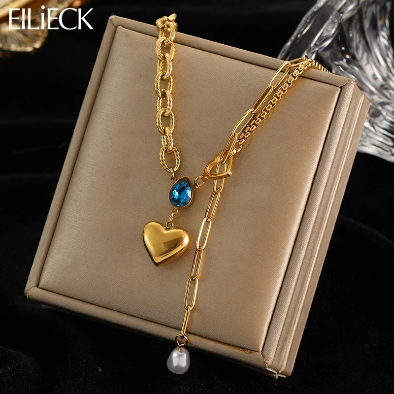 EILIECK 316L Stainless Steel Blue Zirconia Crystal Heart Pendant Necklace For Women Non-fading Gold Color Neck Jewelry Gifts