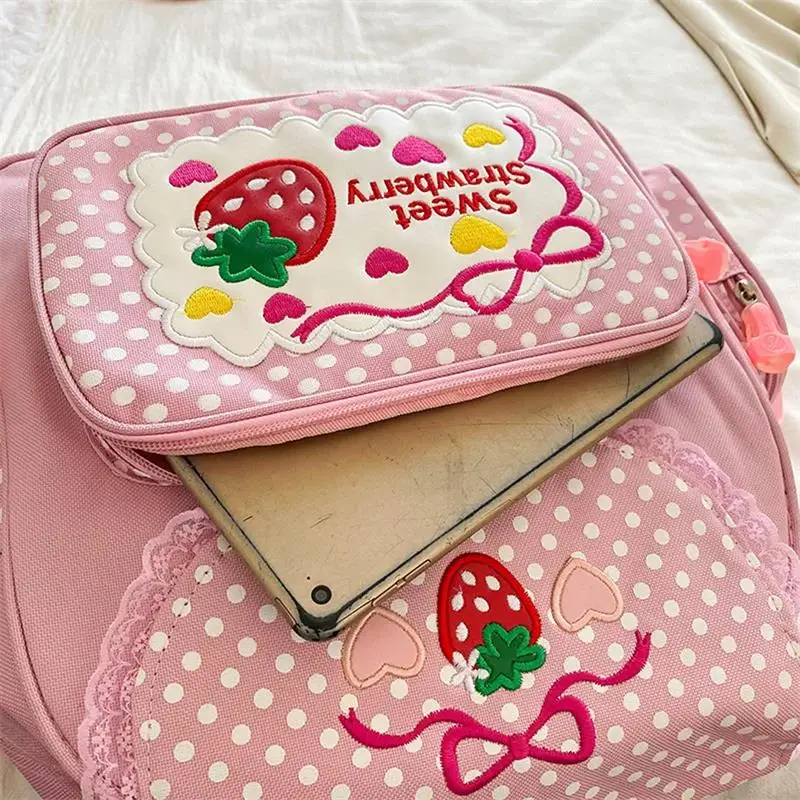 Kawaii Kids School Bag Cute Strawberry Embroidery Student Mochila Dots Multi-Pocket Nylon Fashion College for Teenager Girl