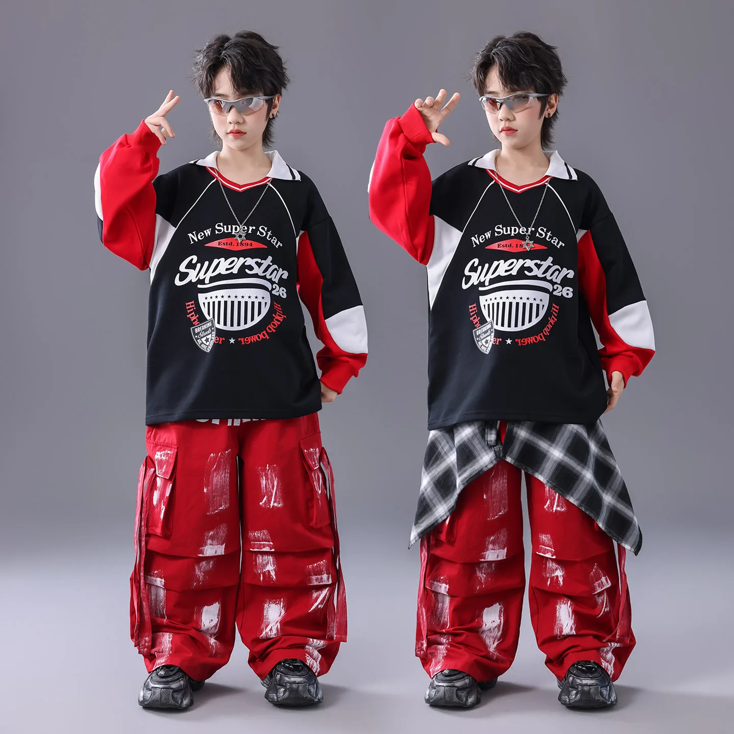 

Kid Kpop Hip Hop Clothing Black Letters Print Sweatshirt Red Strap Parachute Cargo Pants for Girl Street Dance Costumes Clothes