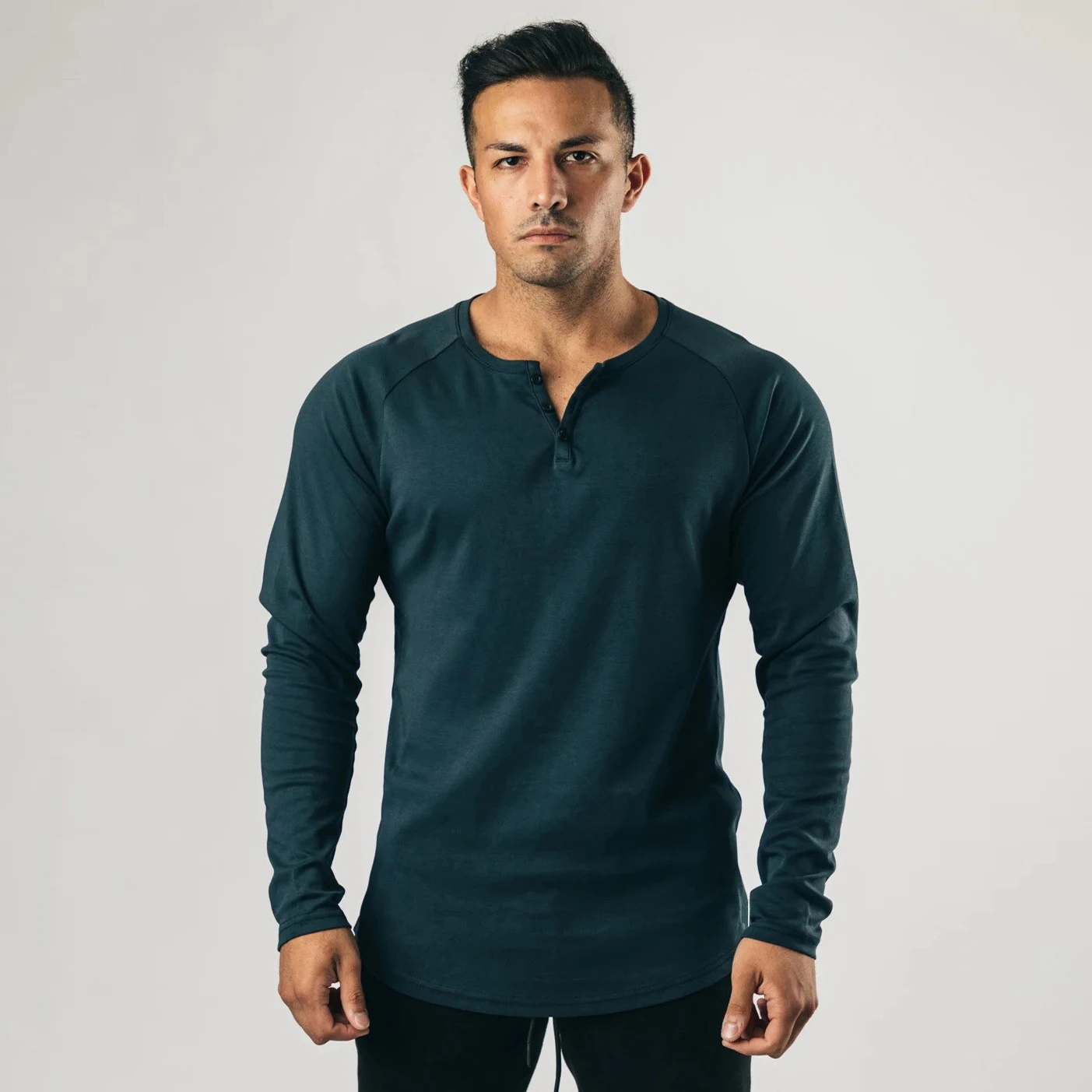 Men Muscle Shirt Long Sleeve T-shirt Solid Vintage Henley Shirts Sports Fitness Casual Cotton Stretch Thin V-neck Tee