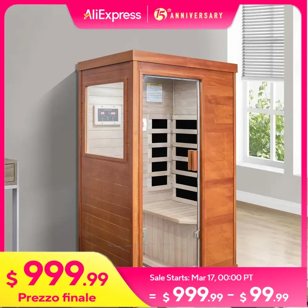 Infrarot-Sauna mit Bedienfeld und Tür aus gehärtetem Glas, klassische Retro-Haunas für den Innenbereich, Low-Emf-Holz, 800 W, tragbare Sauna