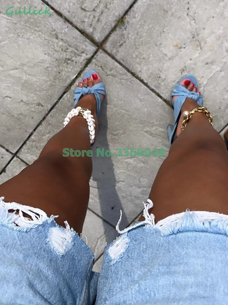 Gold Cross Strap Slippers Block Heel Open Toe Slip On Fashion Denim Blue Real Picture Fashion 2024 Dress Women Shoes Chunky Heel