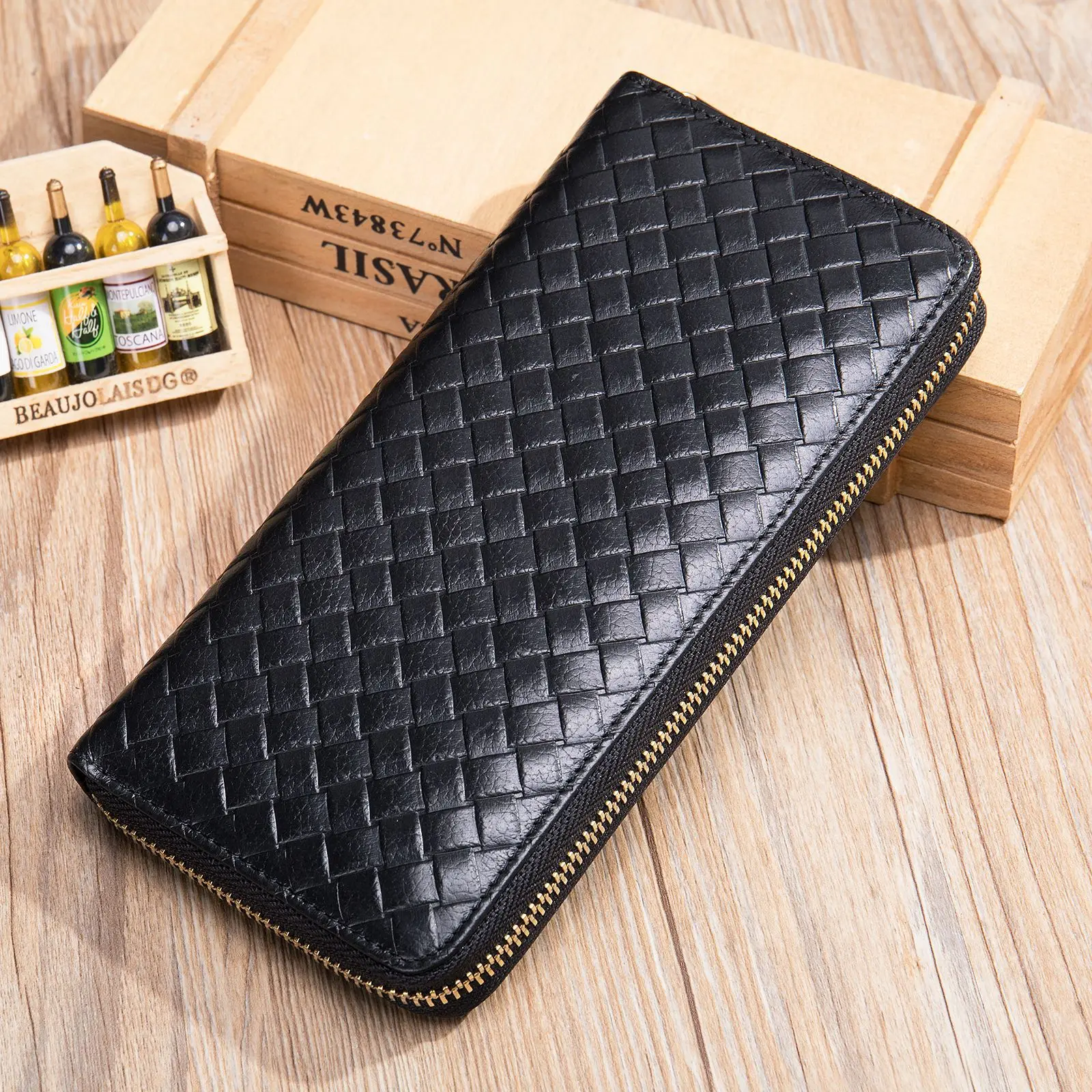 Malunte Men's Leather Wallet Korean Edition Press-woven First Layer Cowhide Men's Long Hand Stylish Simple Versatile Wallet