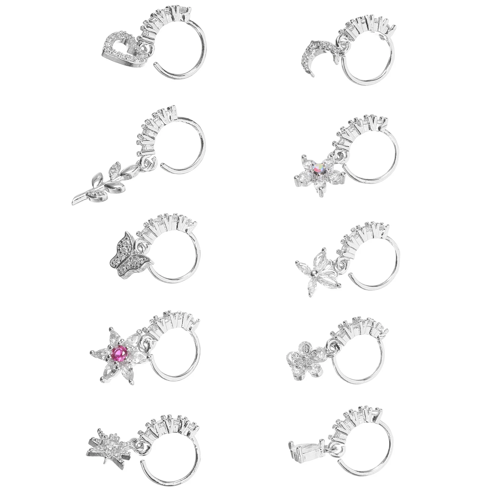 

10Pcs Nose Hoops Stainless Steel Unique Designs Artistic Touch Sparkling Rhinestones Trendy Looks Gifting Assorted Nose Rings