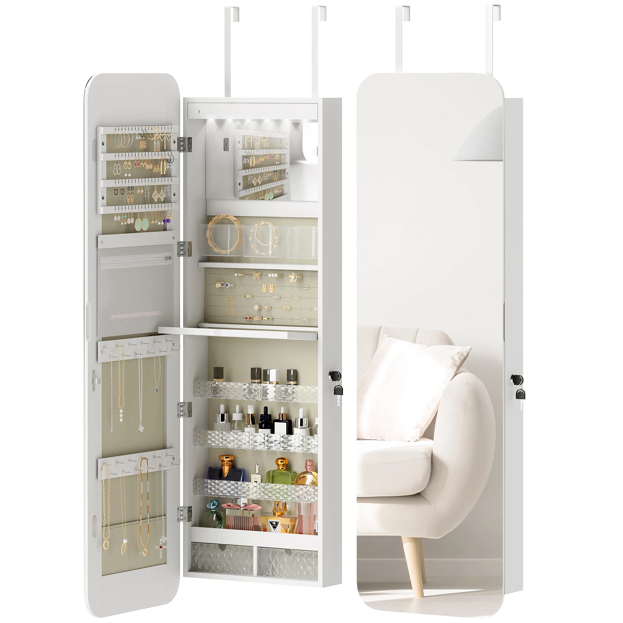 Homcom Espejo Joyero Con Luz Led, Armario Joyero Montado En La Pared O En La Puerta, Armario Para Joyas Con Cerradura, Espejo Entero, 2 Cajones, Blanco — -66%, 216.39€ Coupon, from 111.47€ – 66% descuento – €111.47