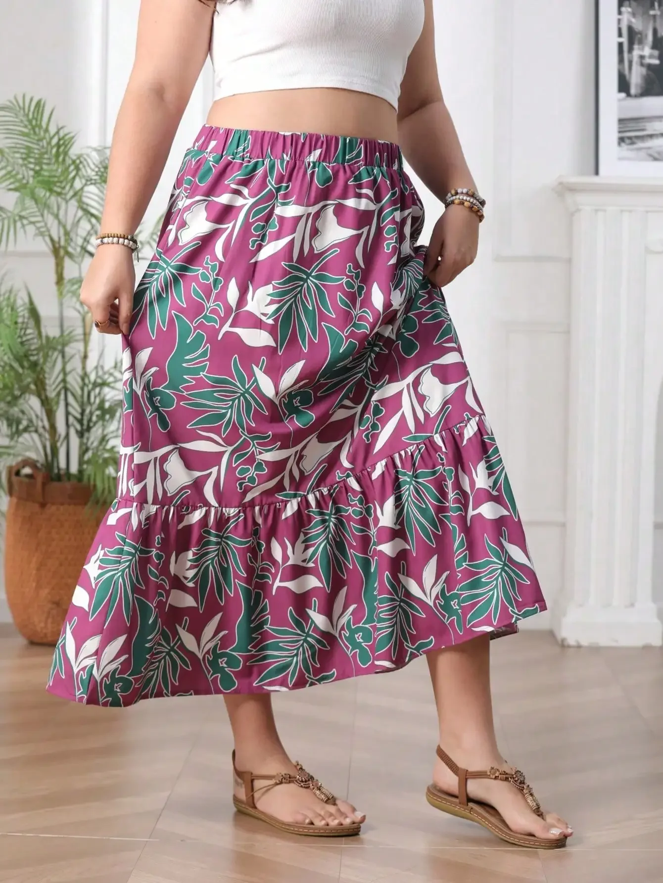 Plus Size Women Printed Holiday Style Skirt Spliced A Line Skirt Casual Summer Elastic Waist Flowy Beach Vacation