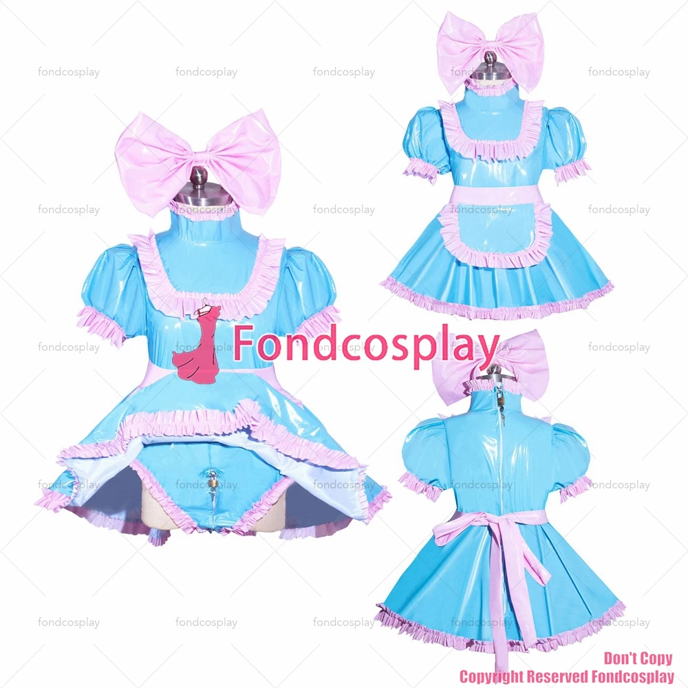 fondcosplay adult cross dressing sissy maid French Lockable baby blue thin PVC Romper Dress Jumpsuit panties CD/TV[G3967]