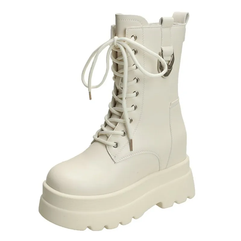 

Женские осенние ботинки до середины икры, мотоциклетные ботинки на высокой платформе и каблуке 9,5 см, кожаные туфли на массивном каблуке, женские короткие ботинки в стиле панк на толстой подошве