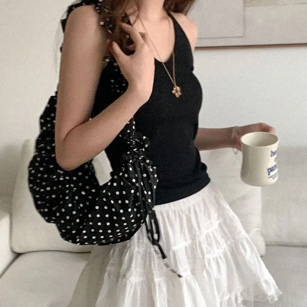 Korean Style Polka Dot Shoulder Bag Lightweight Lace Nylon Messenger Bag Large Capacity Retro Pleated Drawstring Crossbody Bag