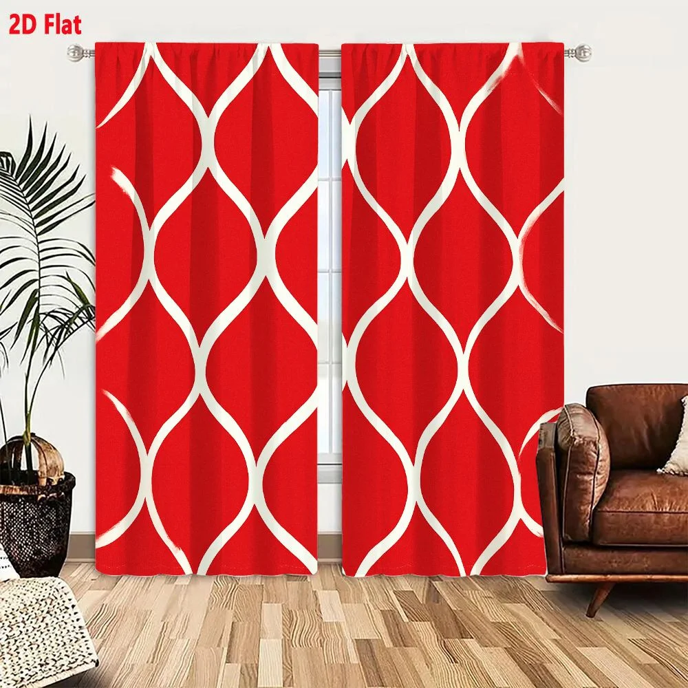 2Pcs Curtains 2D Flat Seamless Geometric Pattern With Interlocking Red Teardrop Shapes And Textured White Outlines Window Drapes