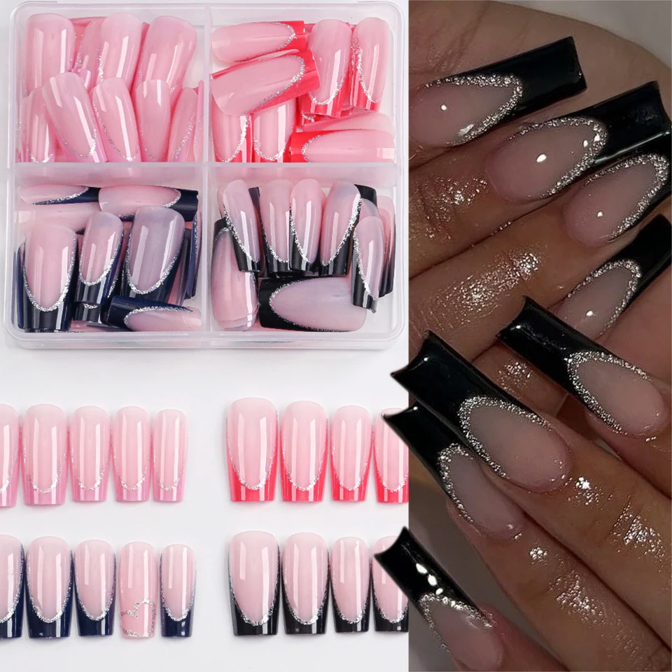 Caja de 96 uñas postizas francesas con glitter plateado, azul/rojo, cubierta completa, mediana, cuadradas, para mujer y niña, diseño simple 2