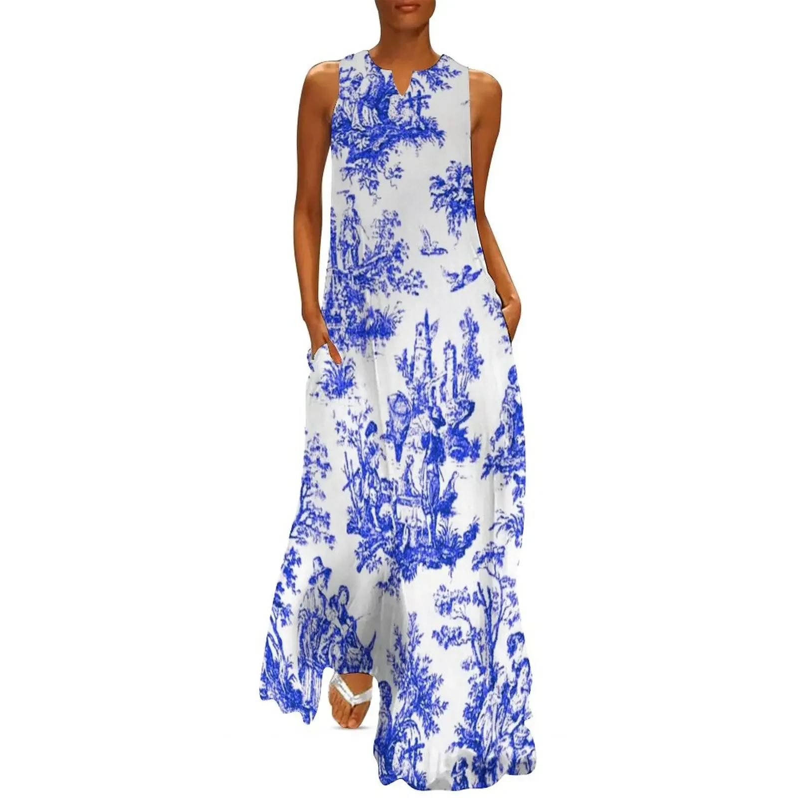

NOMADES Artsy vintage Toile de Jouy - Royal Blue Long Dress Bridesmaid dress woman Evening dresses dress korean style