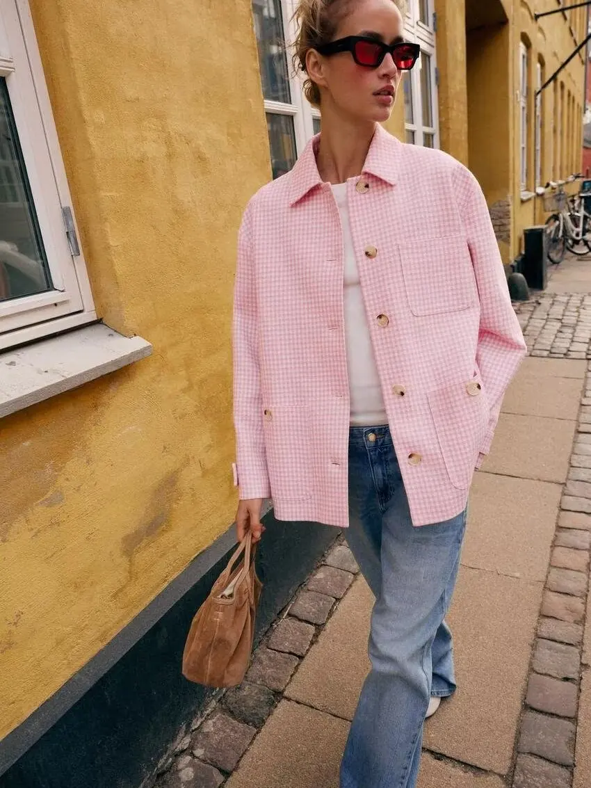 

Sweet Collar Long Sleeve Shirt Women's New Spring Fashion Plaid Pattern Button Decoration Small Grid Shirt Stage Costume