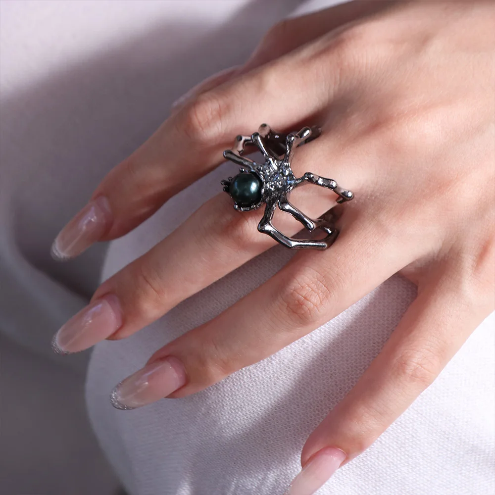 New Alloy Open Ring Punk Black Color Spider Ring Gothic Moonstone Gem Finger Ring Women Jewelry