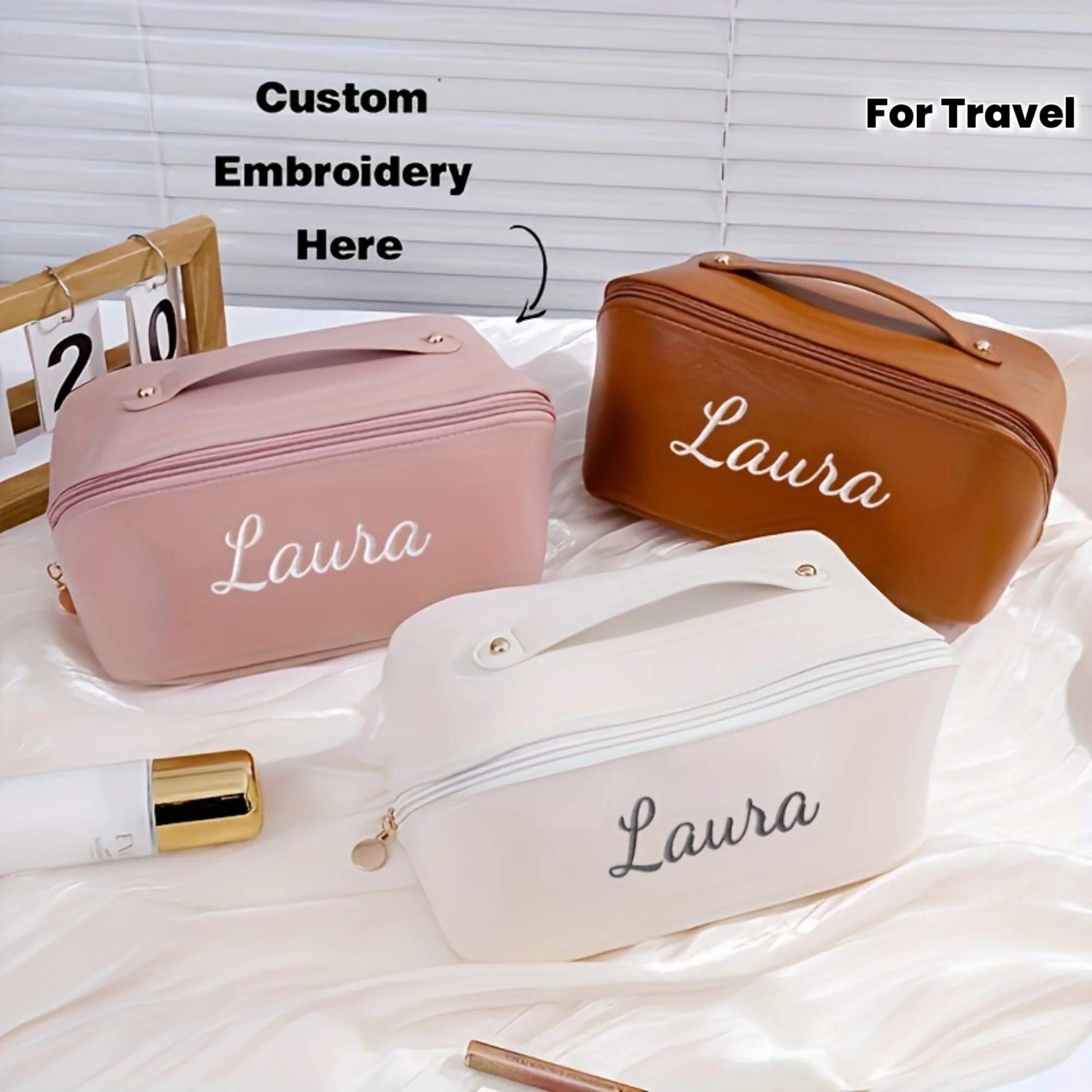 Embroidered Custom Large Capacity Women'S Makeup Bag, Personalized Name Travel Toiletry Organizer with Multiple Compartments