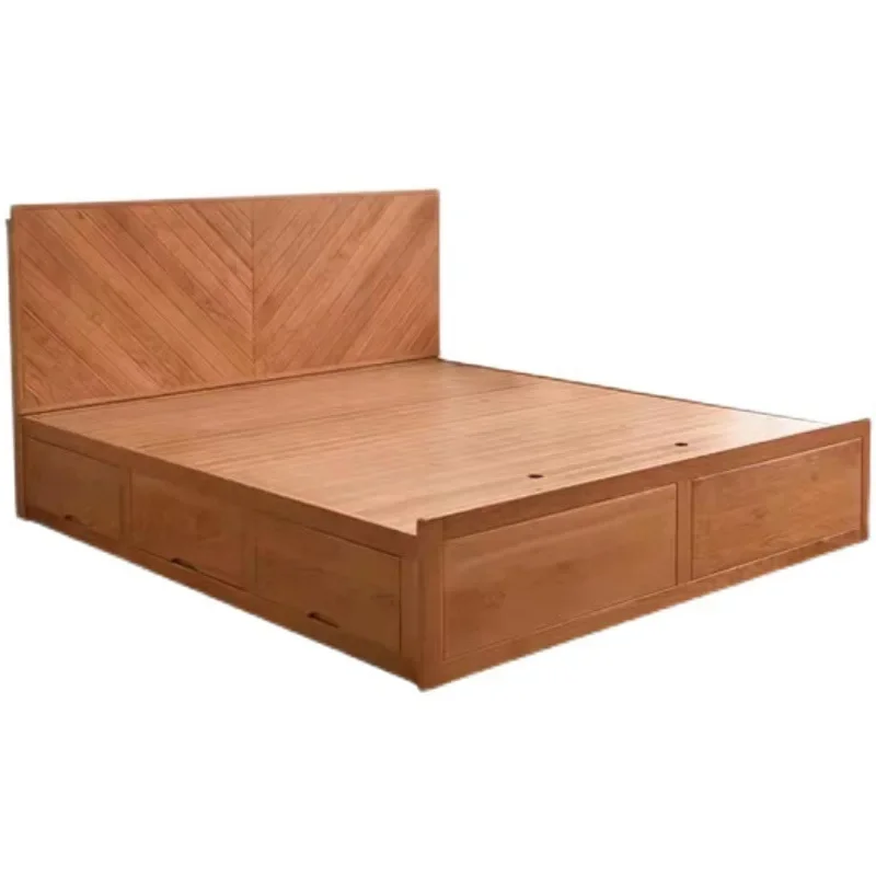 

All solid wood high box storage air pressure bed, large capacity cherry wood fish bone bed frame with drawers