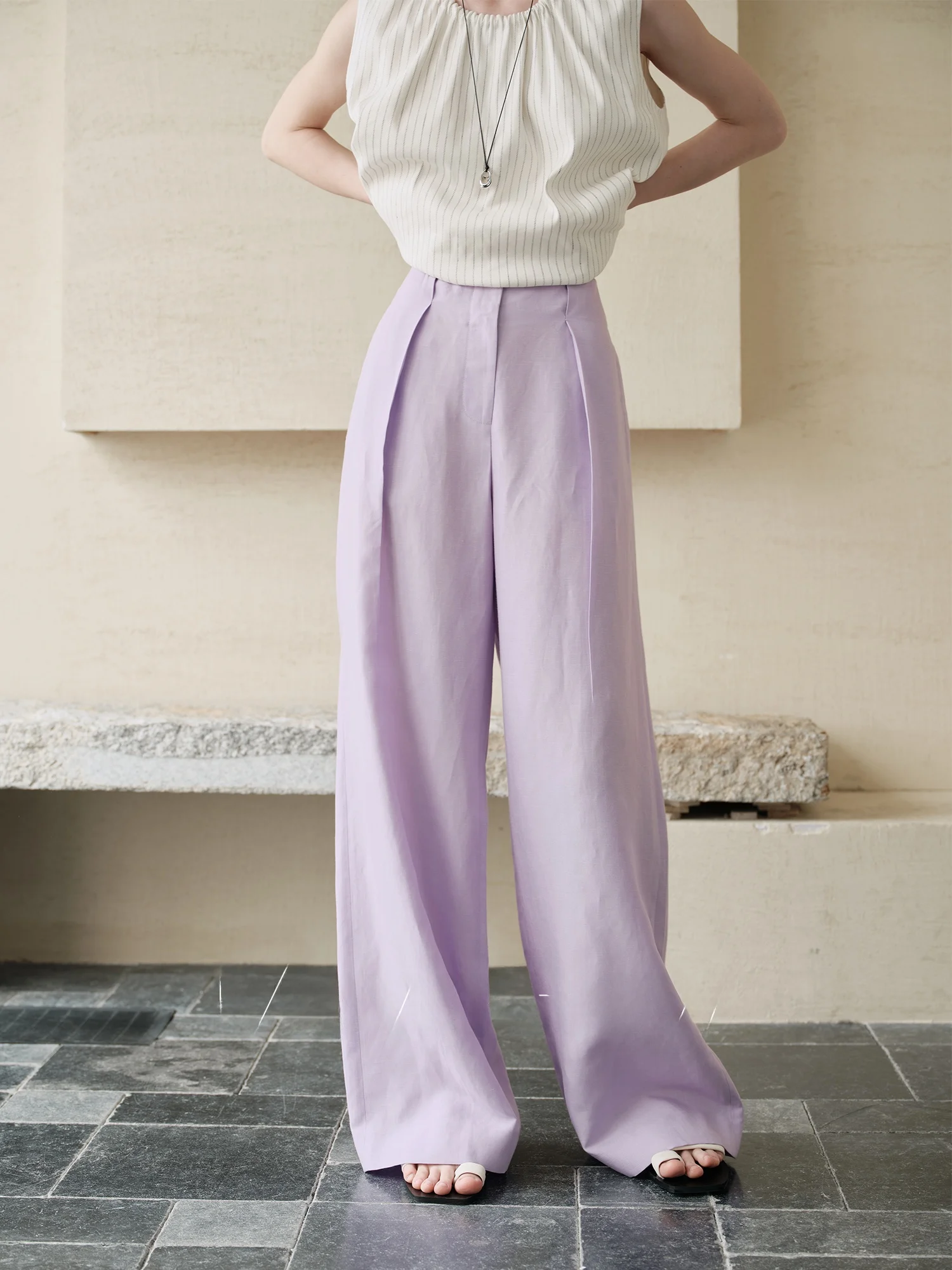 

Fornes Linen Texture Wide Leg Pants Elegant Purple Pleated High Waist Casual Straight Cut Loose Fit Ladies Trousers