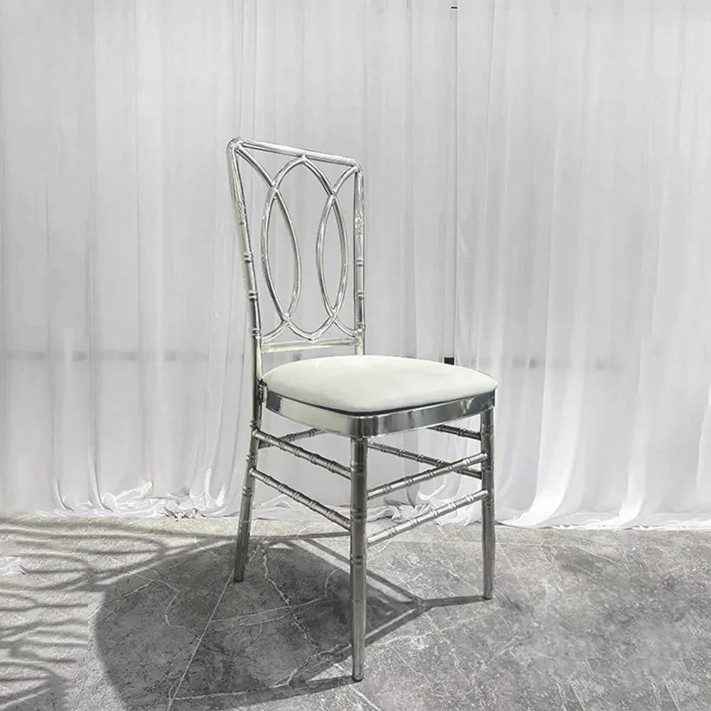 2PCS cheap white leather metal silver stainless steel stackable dining chairs cross back wedding chair for banquet