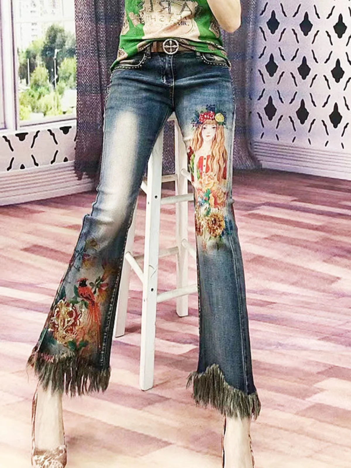 

New 2026 Women's High Waist Cotton Stretch Denim Pants Printed Rhinestone Frayed Wide Leg Bell Bottoms Fashionable Versatile