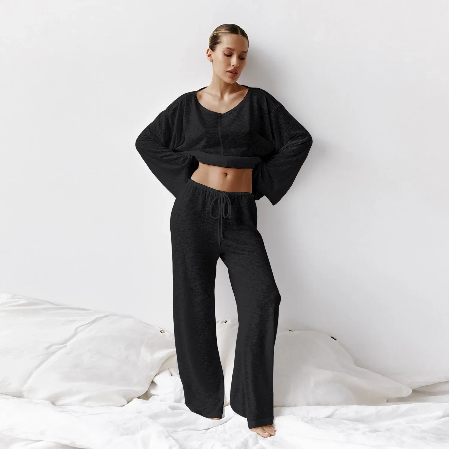 Women's Sexy Fashion Knitted White Round Neck Long Sleeve Pajamas and Pants Set Solid Color Softness Skin-friendly Home Wear